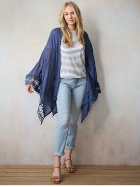 👗Lauren Conrad Navy Blue Lace Trim Open Front Wrap-Ruana